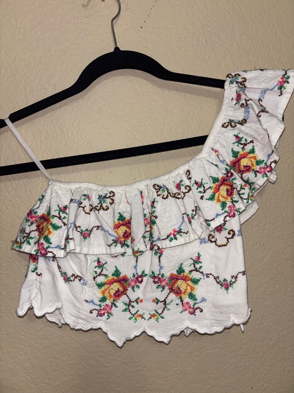 Nuuly x Place Nationale One Shoulder Embroidered Linen Blend Crop Top